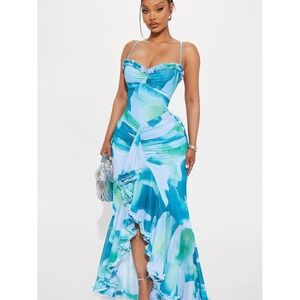 Fashion Nova Blue and Green Watercolor Ruffle Maxi Dress Prom Party Vacation
